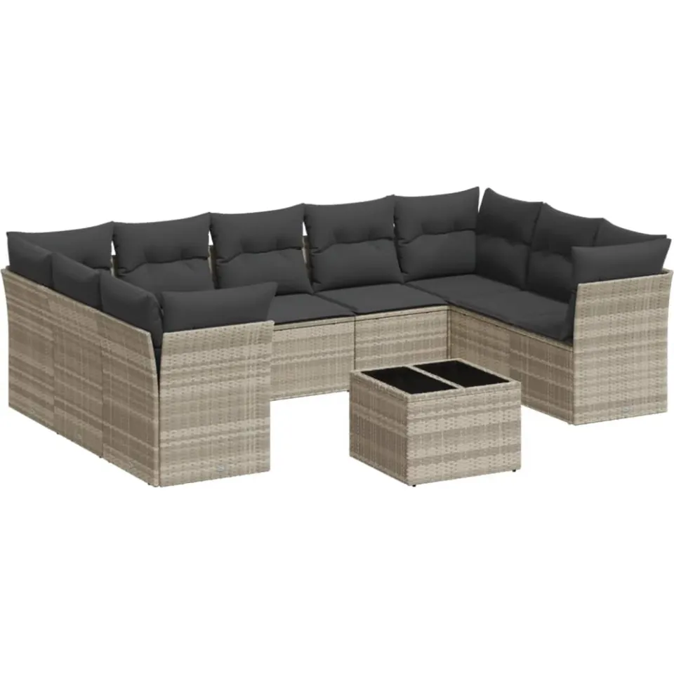 vidaXL 10-delige Loungeset met kussens poly rattan lichtgrijs