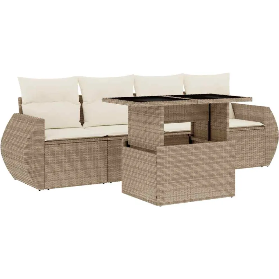 vidaXL 5-delige Loungeset met kussens poly rattan beige, foto 3