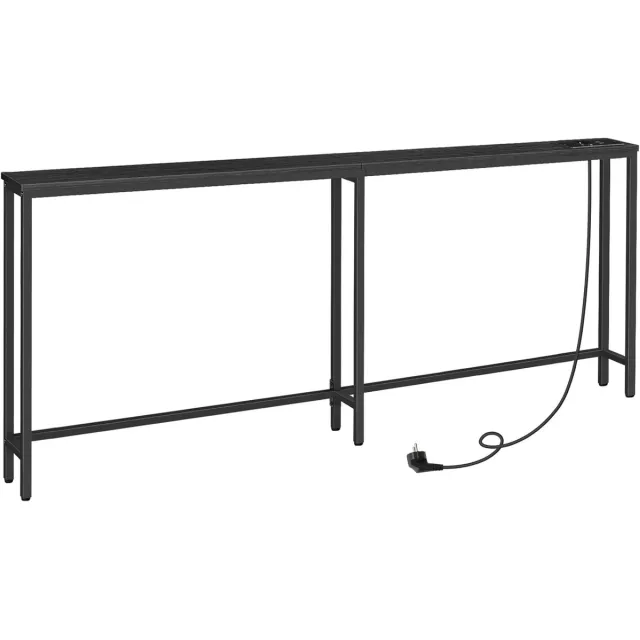 Homesy Smalle consoletafel met stekkerdoos, 200 x 20 x 80 cm, consoletafel met laadstation, smalle banktafel, console achter de bank, voor entree, hal, Zwart