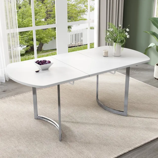 Zubaliya Uitschuifbare Eettafel 140/180x80 cm - Wit Tafelblad Met Zilverkleurige Poten Wit