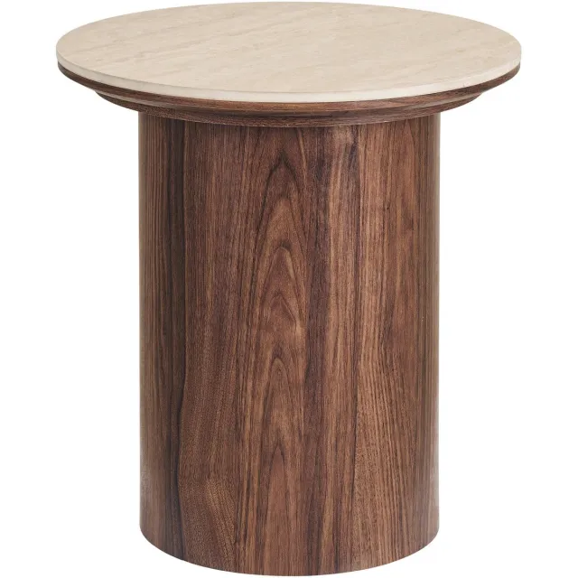 House Nordic Minamata bijzettafel Ø45cm, keramisch tafelblad travertin, walnootdecor. Grijs