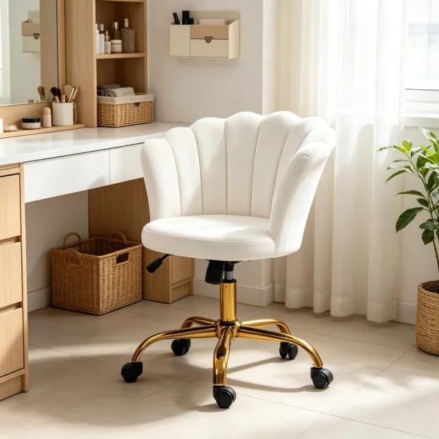 REDOM Bureaustoel met bladvormige rugleuning - Hoogteverstelbaar en draaibaar - Zonder armleuningen - Moderne stijl - Salon en werkruimte - Velours en metaal - Wit - 69 x 64 x 80-90 cm