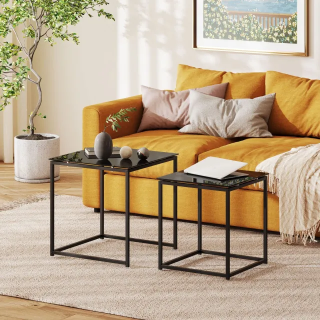 OKWISH Bijzettafel Set Van 2 - Vierkant En Stapelbaar - Stalen Frame Met Gehard Glazen Tafelblad - Zwart - 50x50x52 Cm