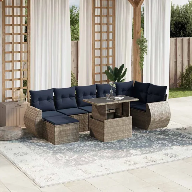 vidaXL 8-delige tuinbankset met kussens, grijs polyrotan, foto 2