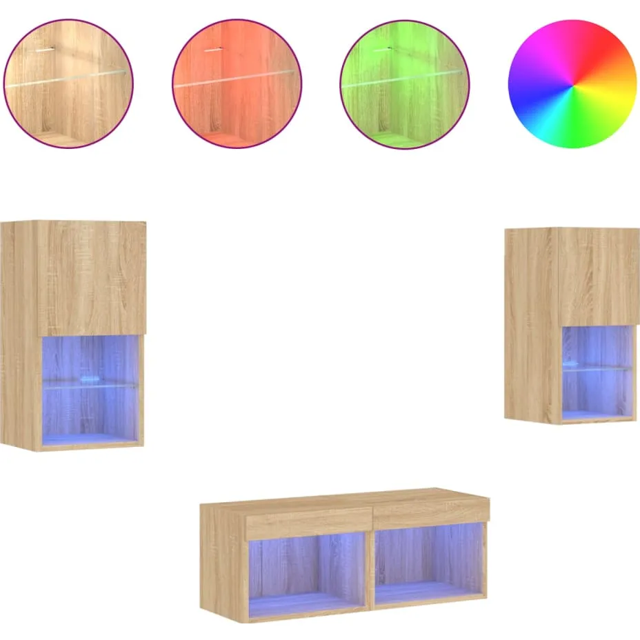 vidaXL 4-delige Tv-wandmeubelset met LED-verlichting sonoma eikenkleur, foto 4