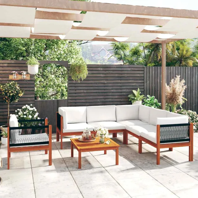 vidaXL 7-delige tuinloungeset met kussens crèmekleurig acaciahout en touw, foto 2