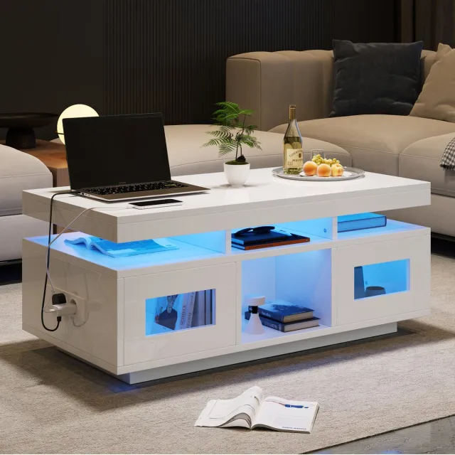 HAUSS SPOLE Salontafel - Moderne Tafel met LED Verlichting en Stopcontact - 100x50x43 cm - Spaanplaat - Wit