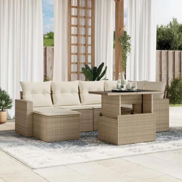 vidaXL 7-delige Loungeset met kussens poly rattan beige, foto 2