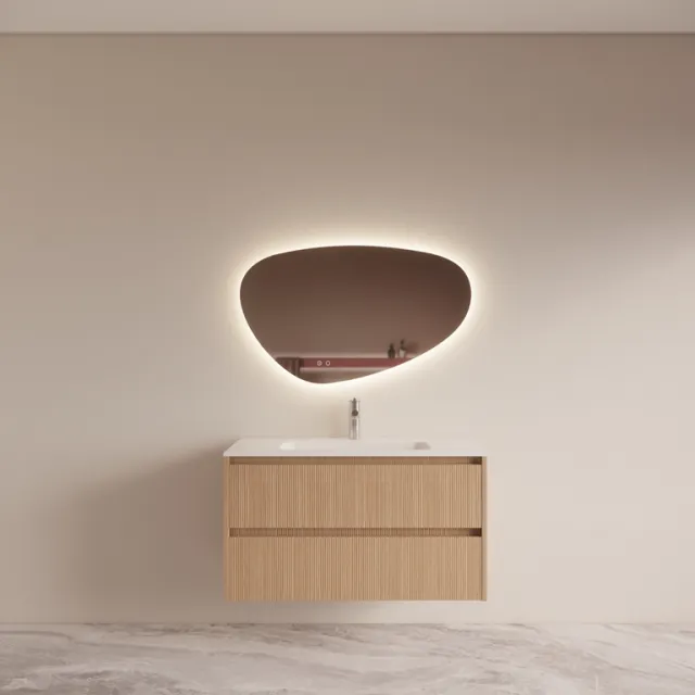 Boss & Wessing Badmeubelset BWS Riga Met Asia Wastafel Wit 100 cm Licht Eiken Japandi Bruin