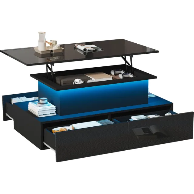 MUVANO Zwarte Hoogglans Salontafel - Salontafel Met Led Verlichting - Uitschuifbaar Tafelblad - Met 4 Lades - 90x55x41 cm - Opbergruimte - Woonkamer Zwart
