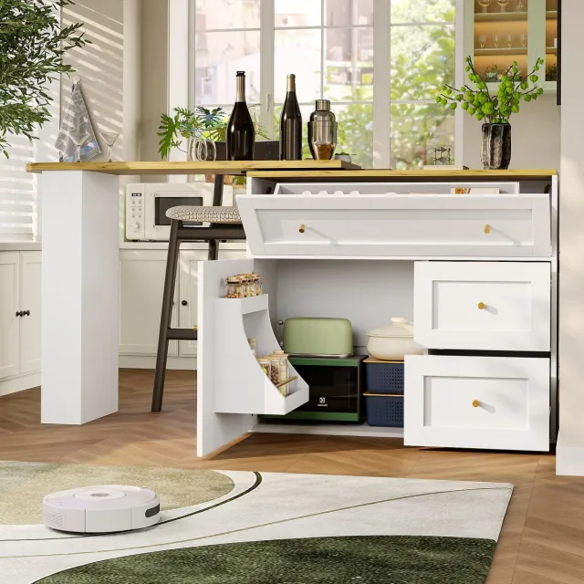 Wishdor Uitschuifbare bartafel - Met opbergruimte en draaiplateau - Modern design - Keuken - Bewerkt hout en metaal - Wit - 138-204 cm White