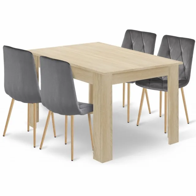 LEOBERT Eethoek - Eettafelset - NP 120x80 SONOMA + 4 Stoelen LIBRA Grijs met Houtlook Metalen Poten, Modern Design, Geschikt voor Keuken, Eetkamer en Woonkamer grijs / eikenkleur