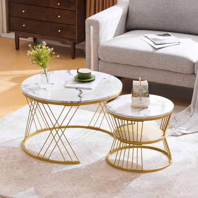 Sweiko Gouden Marmeren Nesting Salontafel Set, Hoge Glans Marmeren Ronde Eindtafels, Set van 2, Gouden Frame Cirkel Bijzettafels 70x70x45cm, Kleine 45x45x40cm - Ruimtebesparend Zeer Innovatief & Modieus Koffietafels Apart & In Elkaar 16KG Stabiel & Duurzaam Wit