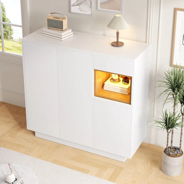 HAUSS SPOLE Schoenenkast - Modern Ontwerp Met 16-Kleurige LED En Verstelbare Planken - 1 Lade En Open Houten Vakken - Spaanplaat - 105x39,5x100,5 cm - Wit/Naturel