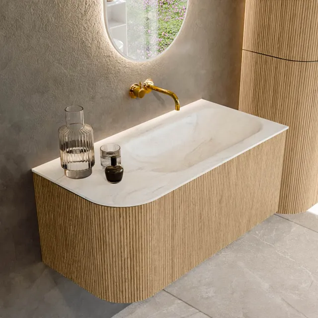 Mondiaz KURVE-DLUX 95 cm Onderkast Greeploos 1 Lade Met Deuren Oak, Wastafel Solid Surface Rechts Ostra 0 Kraangaten Zonder Spiegel (KRVBGS95L1L1D0KR-Oak/Ost)