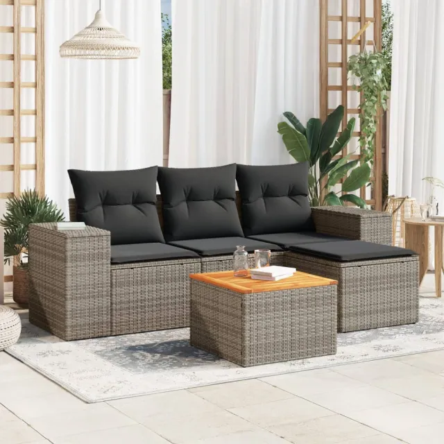 vidaXL 5-delige Loungeset met kussens poly rattan grijs, foto 2