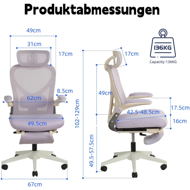 DESMIU Bureaustoel - Ergonomisch Opklapbaar - 3D Hoofdsteun En Verstelbare Lendensteun - Voor Werk, Studie En Gamen - Schuim En Netstof Paars