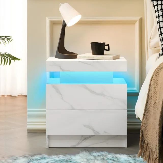 MEUNIQ LED-nachtkastje met 2 lades en open vak, verstelbare meerkleurige verlichting, 49 x 34,8 x 52,1 cm, mat wit, voor slaapkamer of woonkamer