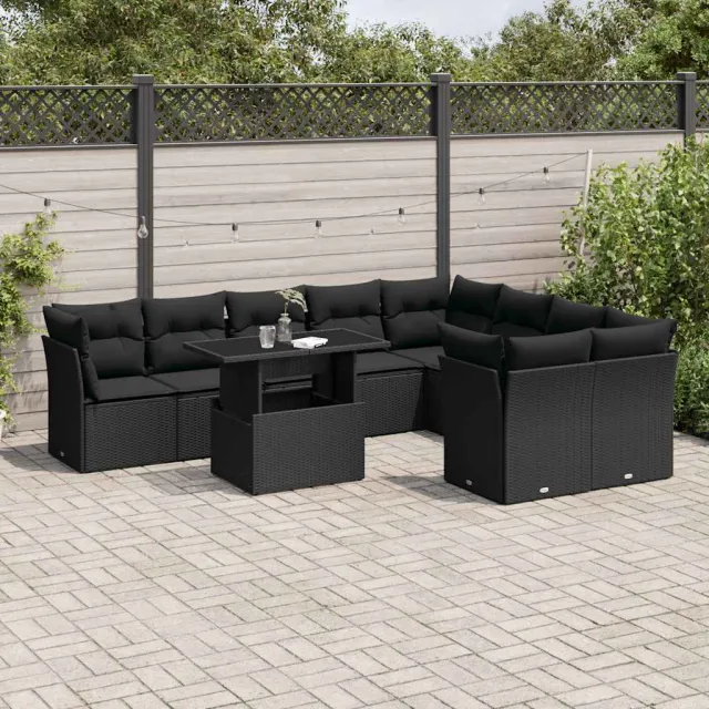 vidaXL 10-delige Loungeset met kussens poly rattan zwart, foto 2