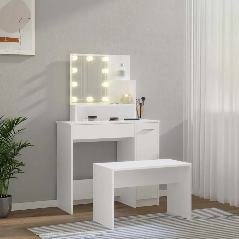 vidaXL Kaptafelset met LED's bewerkt hout wit, foto 3