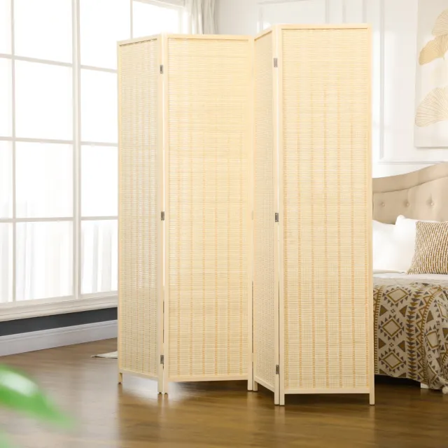 HAUSS SPOLE Kamerscherm Opvouwbaar – 4-Delig – 180 x 180 cm – Bamboe en Katoen met Grenenhouten Omlijsting – Naturel Hout – Ruimteverdeler voor Woonkamer