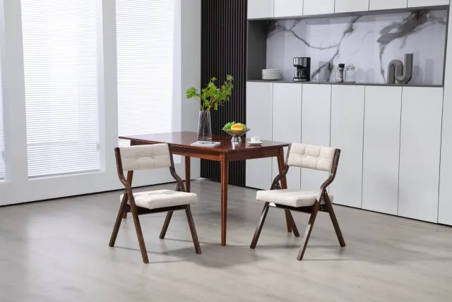MEUNIQ Opvouwbare eetkamerstoelen set van 2 met gevoerde zitting en rugleuning, houten frame, fluwelen bekleding, crème, voor eetkamer en keuken Cream