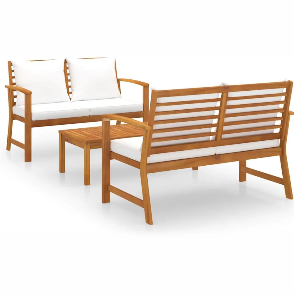 vidaXL 3-delige Loungeset met kussens massief acaciahout crème, foto 3