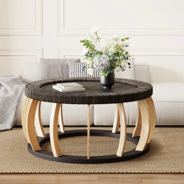 STILVORA Salontafel - Ronde Tafel Met Gebogen Poten En Rotanlook - Voor Woonkamer En Open Ruimte - Massief Hout En MDF - 90x43 Cm - Zwart;bruin Black Brown
