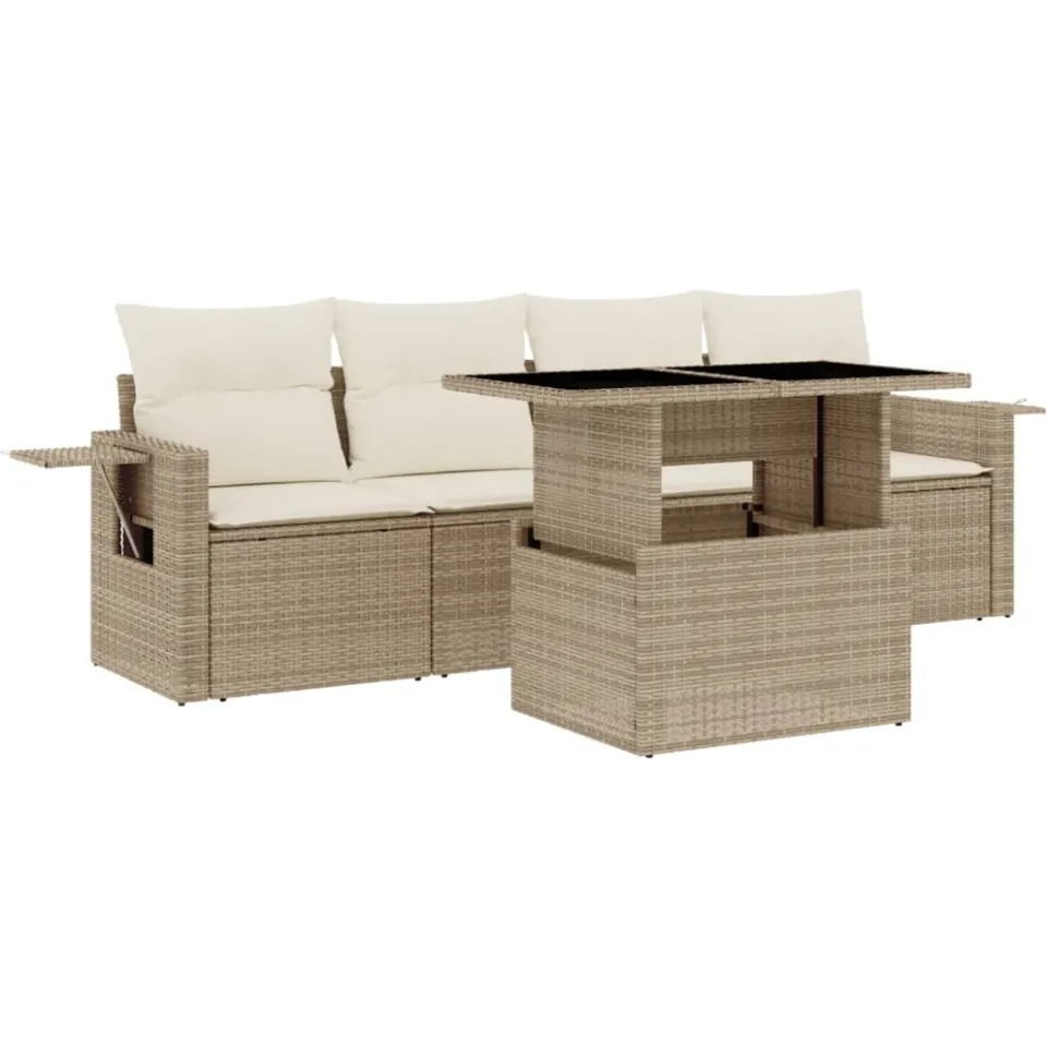 vidaXL 5-delige Loungeset met kussens poly rattan beige, foto 3