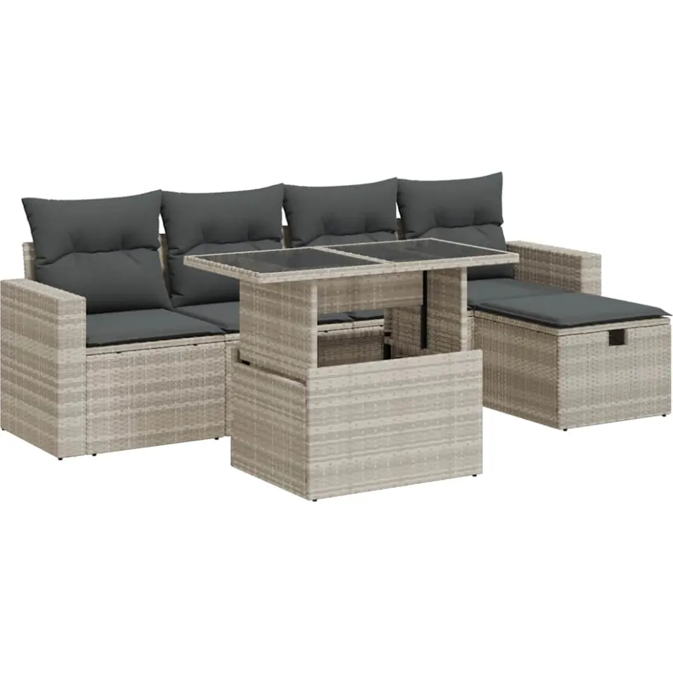 vidaXL 6-delige Loungeset met kussens poly rattan lichtgrijs grijs, foto 3
