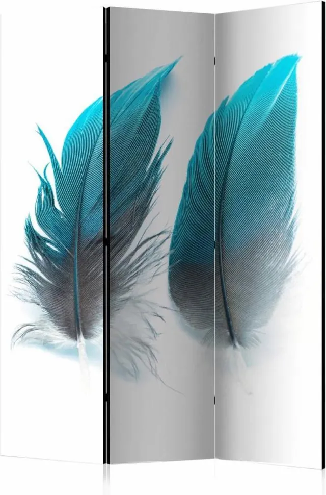 karo-art Vouwscherm / Kamerscherm - Blauwe veren 135x172 cm , gemonteerd geleverd dubbelzijdig geprint Multikleur