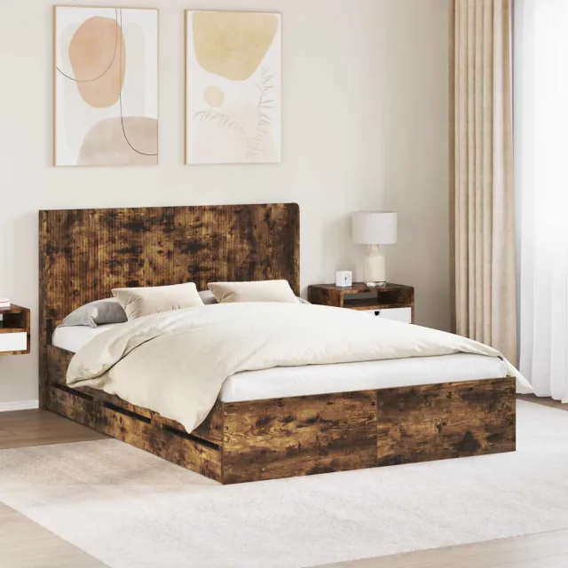 vidaXL Bedframe met opbergruimte en hoofdbord Gerookt eiken Bruin