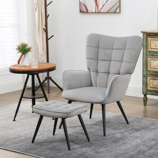 HAUSS SPOLE Oorfauteuil met Hocker - Zacht Gestoffeerd met Hoge Rugleuning en Armleuningen - Voor Woonkamer en Kantoor - Stalen Poten - Lichtgrijs