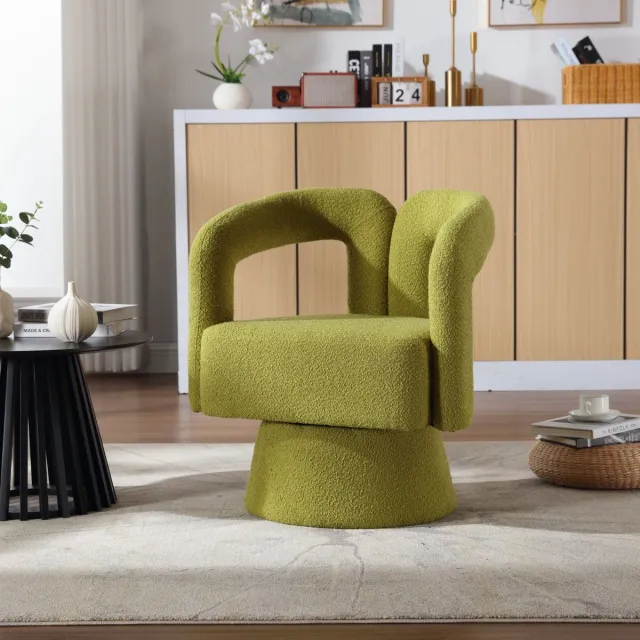OKWISH Fauteuil – 360° Draaibare Kuschelfauteuil Met Brede Gevoerde Zitting En Holle Rug – Bouclé – Voor Woonkamer Slaapkamer Kantoor – Groen Olijfgroen