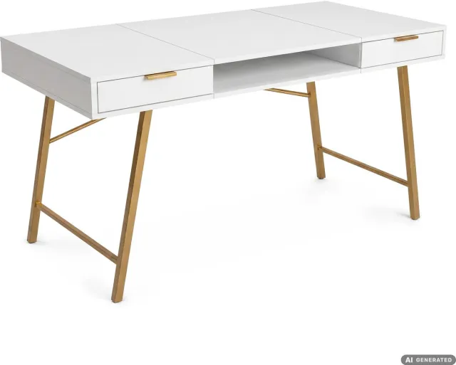 Akord Computertafel Bureau ARDEN / Industrieel / Wit / 120 cm / 2 Lades / 1 Plank / Gouden Poten