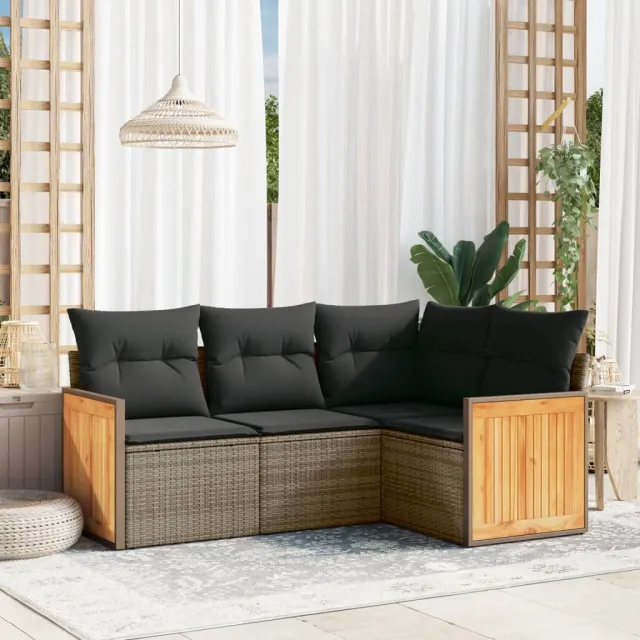 vidaXL 4-delige Loungeset met kussens poly rattan grijs, foto 2