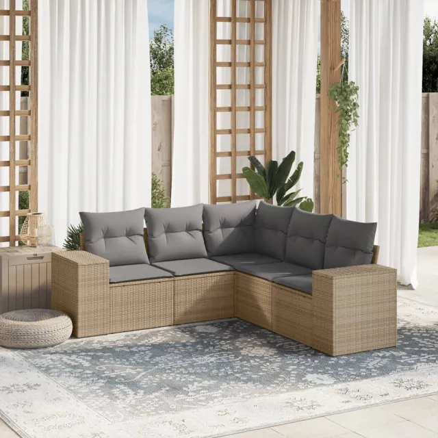 vidaXL 5-delige Loungeset met kussens poly rattan beige, foto 2
