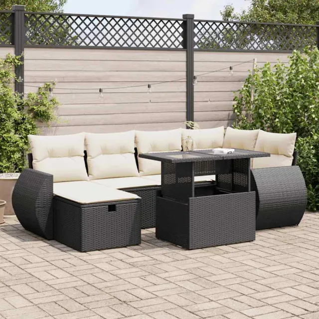 vidaXL 7-delige Loungeset met kussens poly rattan zwart, foto 2