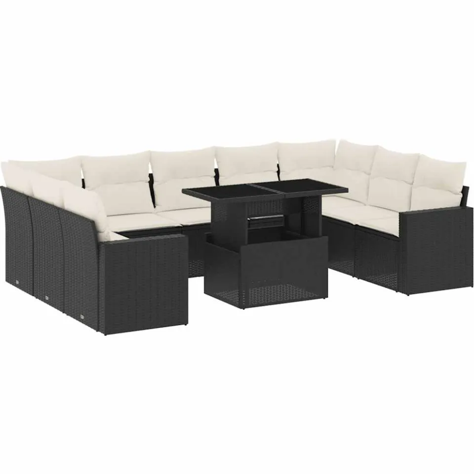 vidaXL 10-delige Loungeset met kussens poly rattan zwart