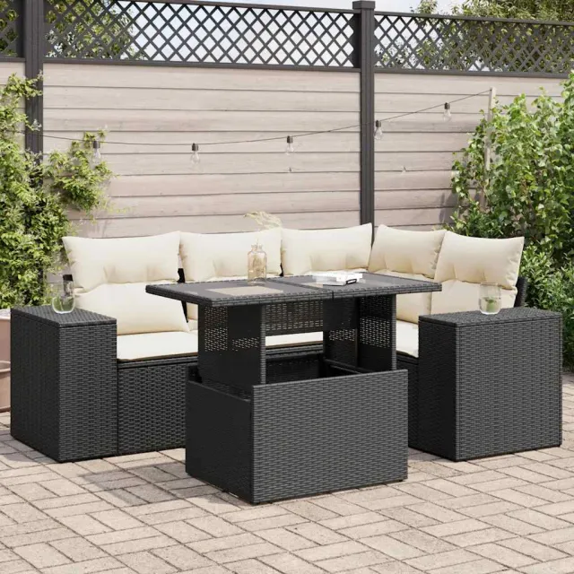 vidaXL 5-delige Loungeset met kussens poly rattan zwart, foto 2