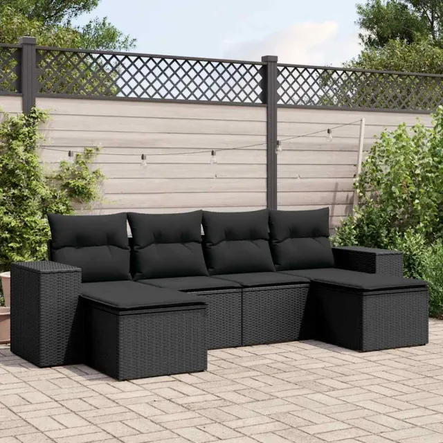 vidaXL 6-delige Loungeset met kussens poly rattan zwart, foto 2