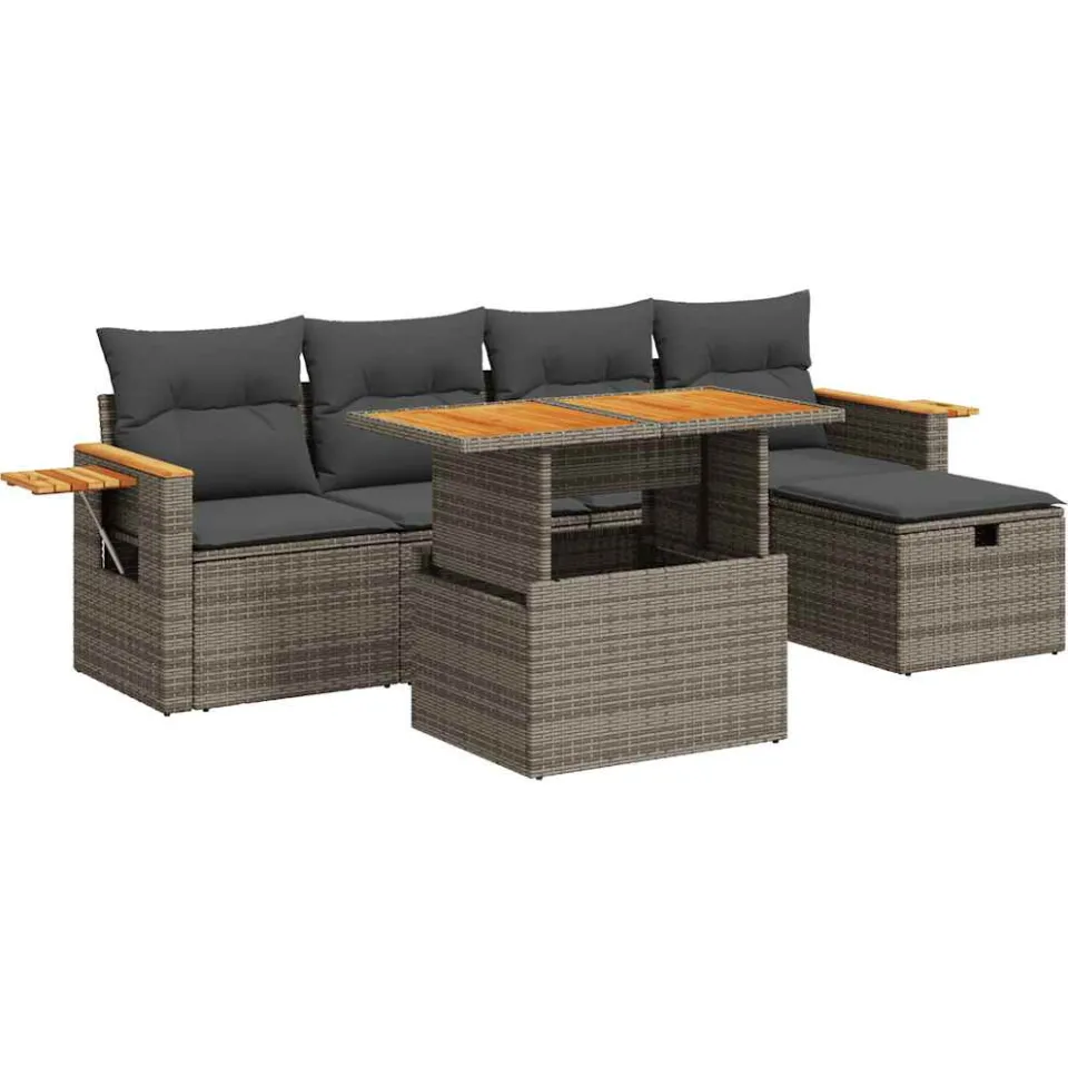 vidaXL 6-delige Loungeset met kussens poly rattan grijs, foto 3