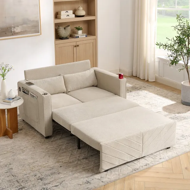 HAUSS SPOLE Slaapbank - 2-Zits Bank En Ligbed - Uitschuifbaar Met USB-Oplaadpoort - Voor Woonkamer En Logeerkamer - Stof Beige