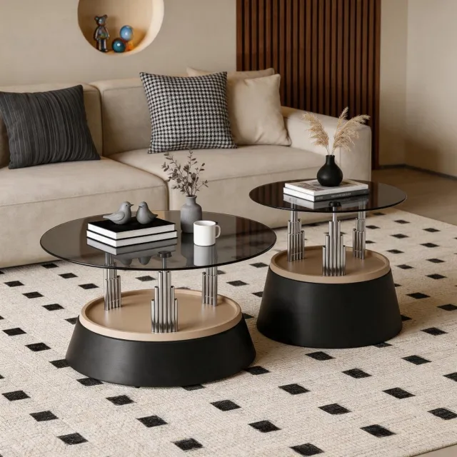 REDOM Salontafel set - Rond glazen tafelblad - Nesting ontwerp - Metalen onderstel - Modern - Woonkamer - Glas en metaal - Zwart - 73,5 x 73,5 x 34 cm