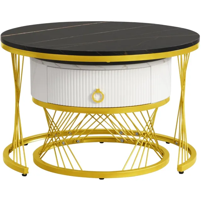 Ropilly Salontafel Set van 2 - Marmerlook met Lades - MDF en Metaal - Woonkamer - Wit en Goud Zwart