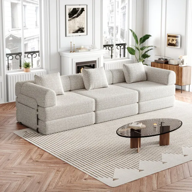 MODENUIT Slaapbank 3-Zits - 2-In-1 Met Opbergruimte In Armleuning - Voor Woonkamer - Chenille - Khaki