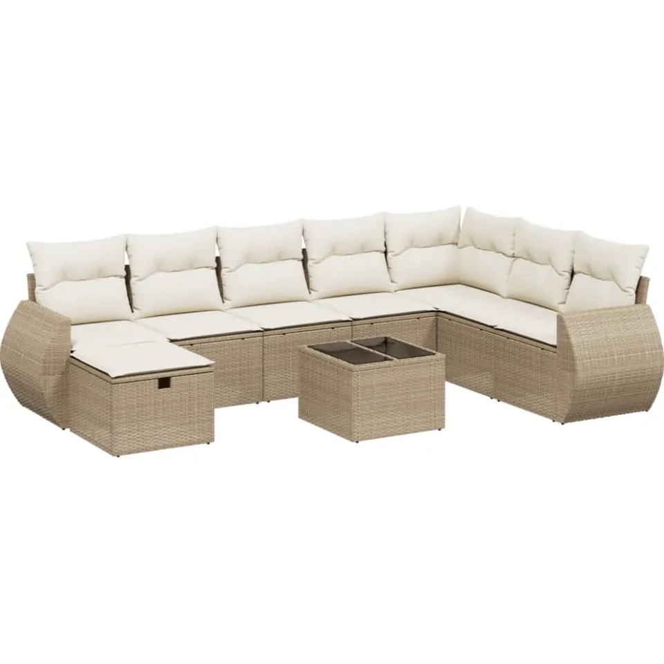 vidaXL 9-delige Loungeset met kussens poly rattan beige, foto 4