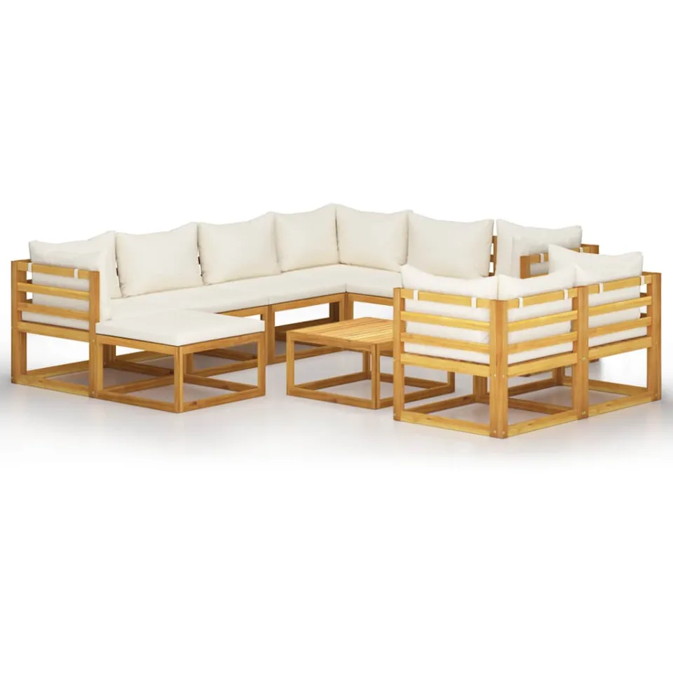 vidaXL 10-delige Loungeset met kussens massief acaciahout crème, foto 3
