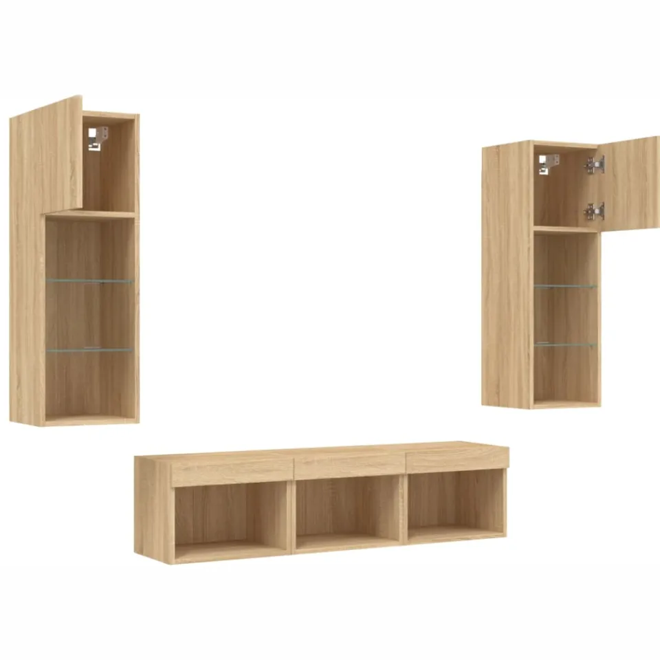 vidaXL 5-delige Tv-wandmeubelset met LED bewerkt hout sonoma eiken, foto 4