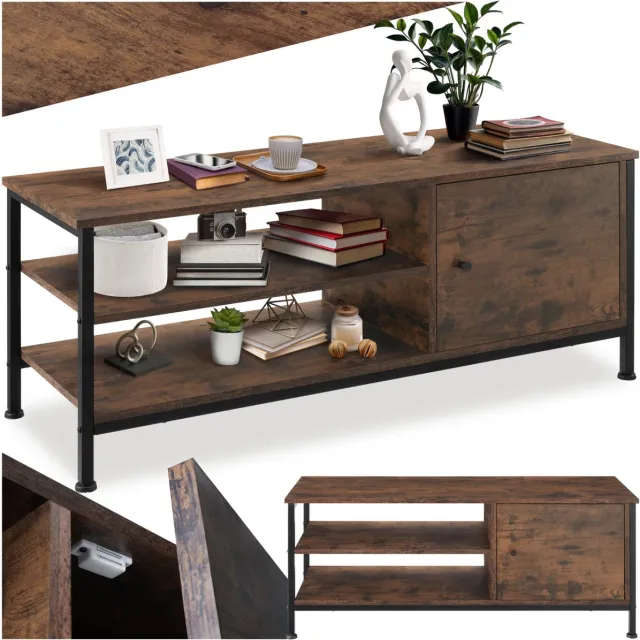 Tectake TV-meubel met 2 open vakken en kastje met deur - Lowboard voor TV's tot 55 inch - Houten TV-dressoir - Industrieel design - Zwart metalen frame - Afmeting (LxBxH) 110 x 40 x 45,5 cm - Donkerbruin